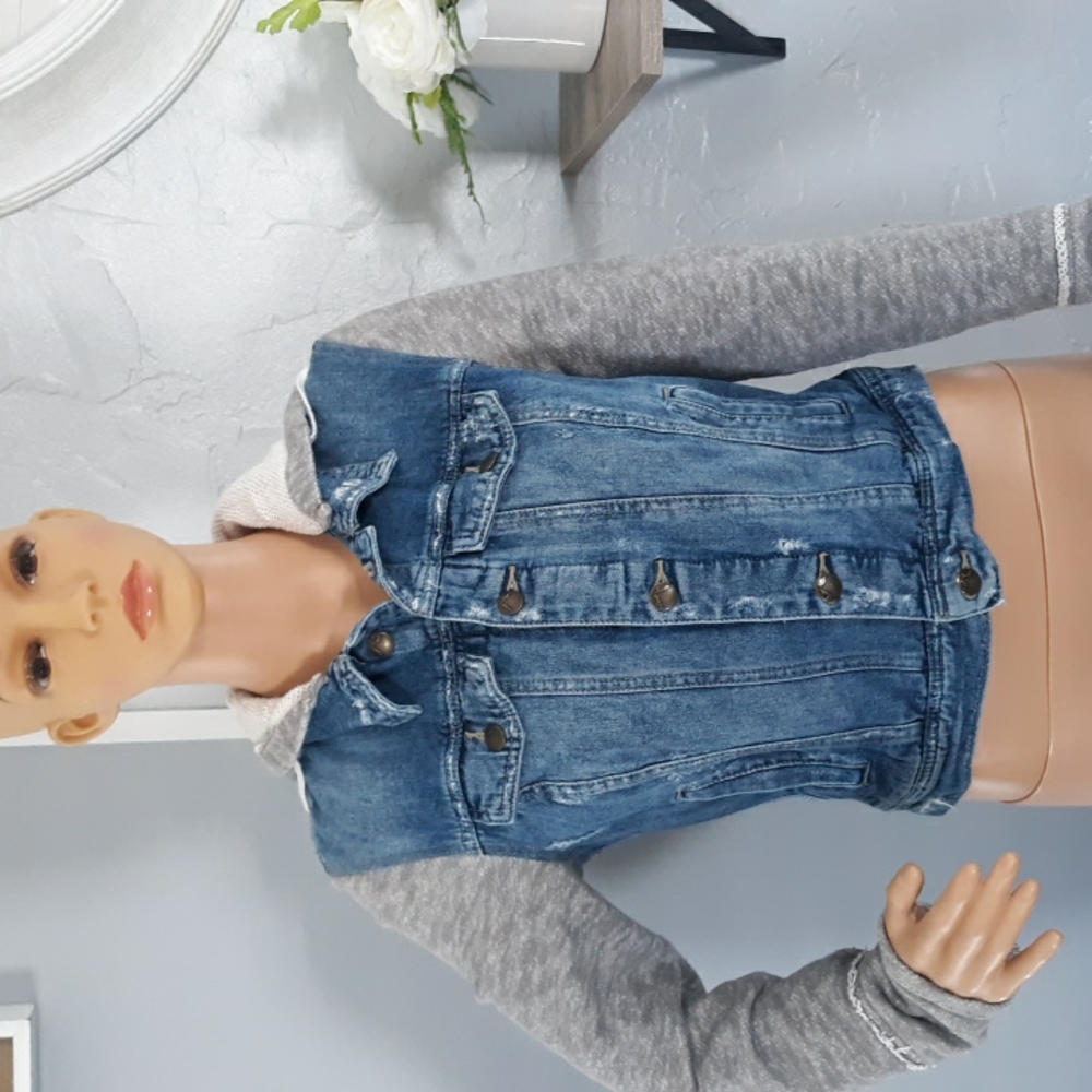 Free People Denim and Knit Hooded Jacket